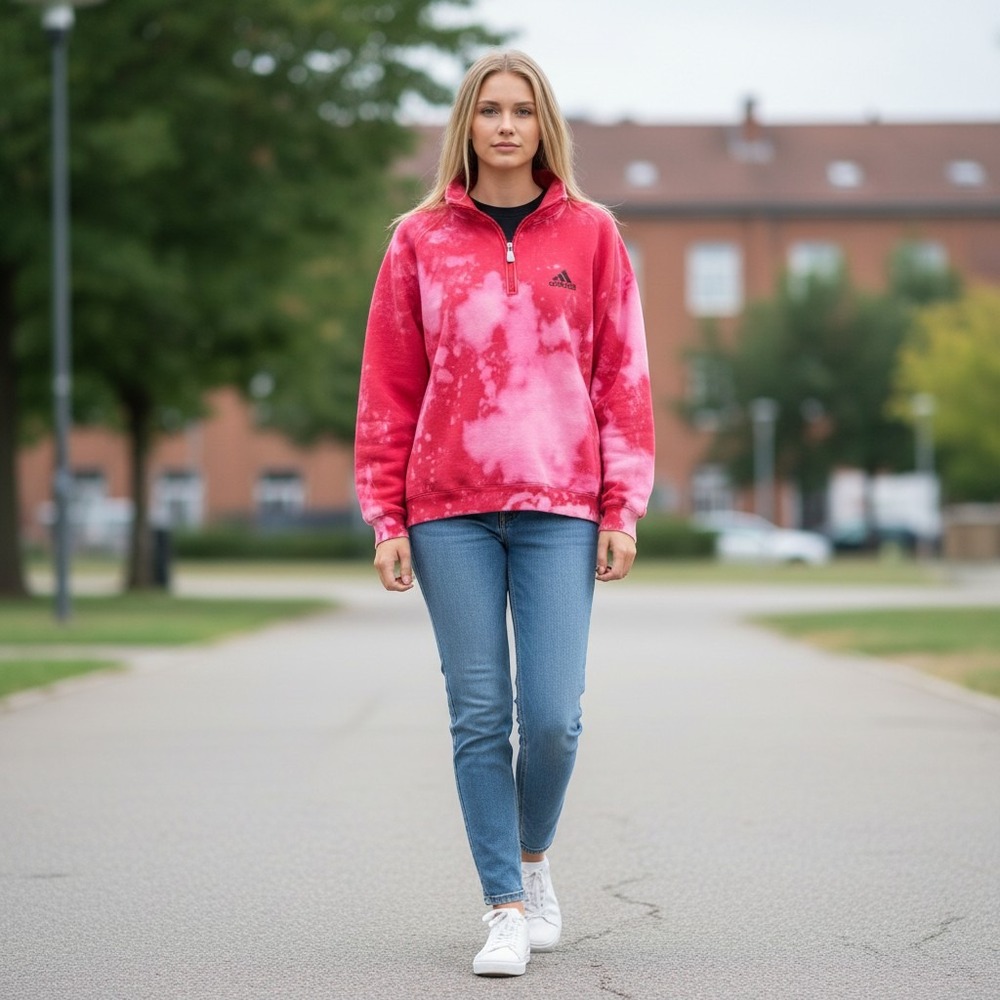 Vintage Adidas Quarter Zip Sweatshirt Red Pink Bleach Dye Distressed Large